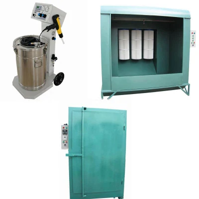 Paquete de sistema de máquina de recubrimiento en polvo de metal con pistola de recubrimiento en polvo electrostático + cabina de pulverización + horno de secado y curado